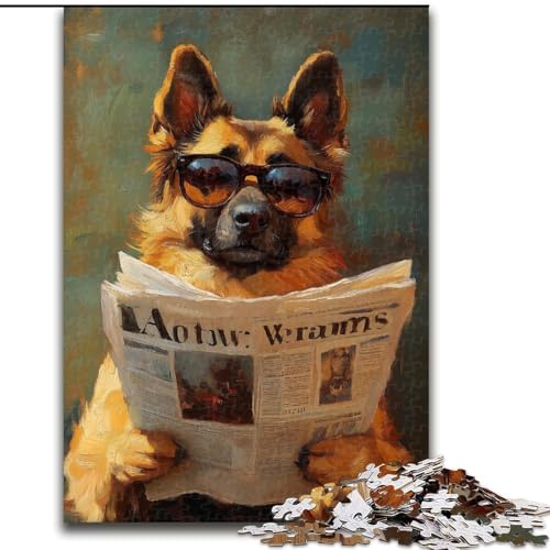 Puzzle für Erwachsene, 1000 Teile, Schäferhund liest Zeitung, anspruchsvoll und schwierig mit vollständig ineinandergreifenden, zufällig geformten Teilen (Größe 50x75cm) von MGQWPZDBD