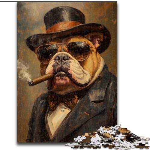 Puzzle für Erwachsene, 1000 Teile, rauchender Bulldogge, anspruchsvoll und schwierig mit vollständig ineinandergreifenden, zufällig geformten Teilen (Größe 26x38cm) von MGQWPZDBD