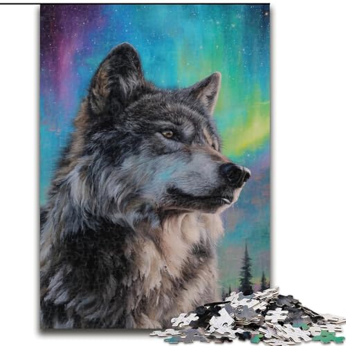 Puzzle für Erwachsene, 1000 Teile, schwierig, Wolf unter der Aurora, Lernspiele, Heimdekoration, geeignet für die Schreibtischdekoration (Größe 50x75cm) von MGQWPZDBD