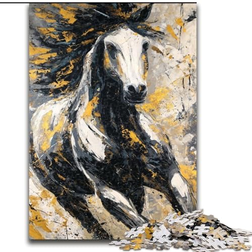 Puzzle für Erwachsene, 1000 Teile, schwieriges schwarzes goldenes Pferd, Lernspiele, Heimdekoration, geeignet für die Schreibtischdekoration (Größe 26x38cm) von MGQWPZDBD