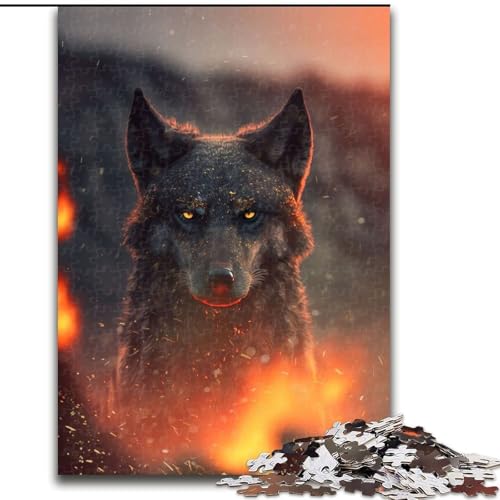 Puzzle für Erwachsene, 1000-teiliges Puzzle „Schwarzer Wolf im Feuer“, anspruchsvolles Denkspiel, Familienaktivität, Heimdekoration, (Größe: 26x38cm) von MGQWPZDBD