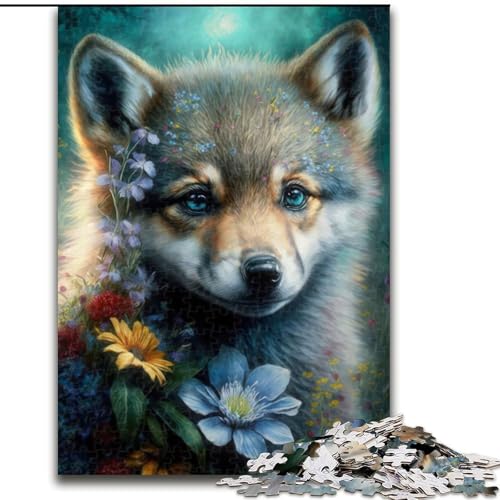 Puzzle für Erwachsene, Babywolf mit Blumen, Stressabbau, schwierige Herausforderung, Wichtelgeschenke für Kinder ab 14 Jahren (Größe 50x75cm) von MGQWPZDBD