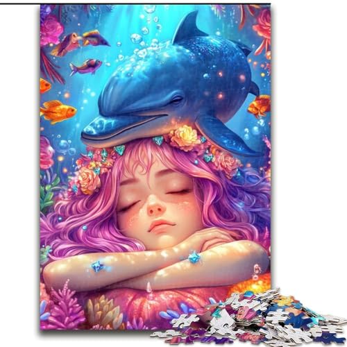 Puzzle für Erwachsene, Delfin und Mädchen, Stressabbau, schwierige Herausforderung, Wichtelgeschenke für Kinder ab 14 Jahren (Größe 50x75cm) von MGQWPZDBD