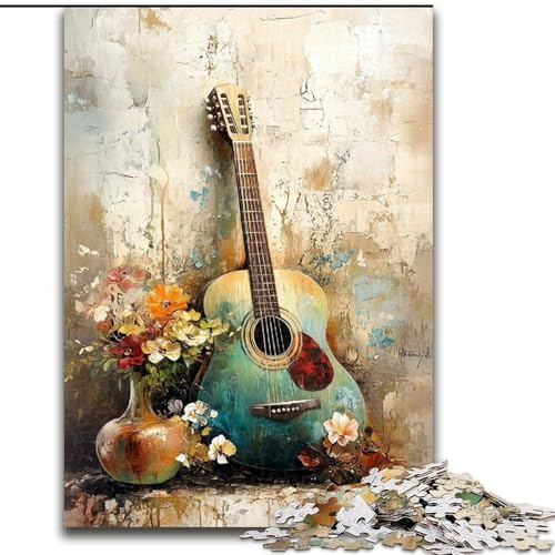 Puzzle für Erwachsene, Vintage-Gitarre und Blumen, Stressabbau, schwierige Herausforderung, Wichtelgeschenke für Kinder ab 14 Jahren (Größe 50x75cm) von MGQWPZDBD