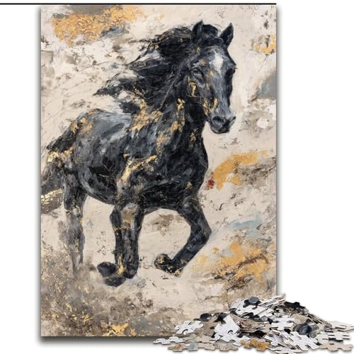 Puzzle für Erwachsene, schwarzes goldenes Pferd, Stressabbau, schwierige Herausforderung, Wichtelgeschenke für Kinder ab 14 Jahren (Größe 50x75cm) von MGQWPZDBD