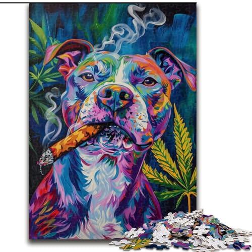 Puzzle für Erwachsene,1000 Teile,Staffordshire Bullterrier,Rauchen,hilft dem Gehirn,süchtig machendes Spielzeug zu trainieren,um Geduld zu fördern und das Gedächtnis zu verbessern (Größe 50x75cm) von MGQWPZDBD