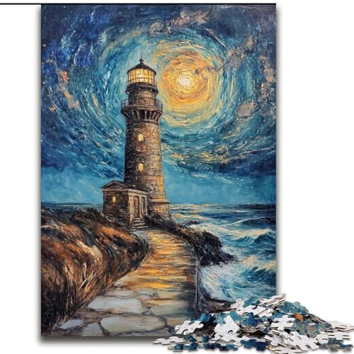 Puzzle für Erwachsene Leuchtturm unter dem Nachthimmel, Stressabbau, schwierige Herausforderung, Wichtelgeschenke für Kinder ab 14 Jahren (Größe 26x38cm) von MGQWPZDBD