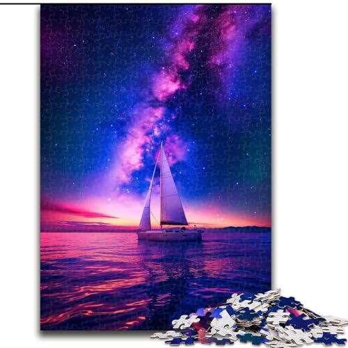 Puzzle für Teenager, 1000 Puzzles, Segelboot auf dem Meer unter der Galaxie, Familienspiel zum Stressabbau, schwierige Herausforderung, stärkt die Liebe zwischen Paaren (Größe 26x38cm) von MGQWPZDBD