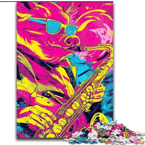 Puzzle für Teenager, 1000 Teile, Schwein spielt Saxophon, Lernspielzeug, Familienspiele, einzigartige Geburtstags- und Geschenkideen (Größe 26x38cm) von MGQWPZDBD