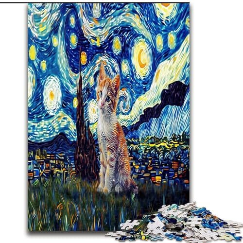 Puzzle mit 1000 Teilen für Teenager, Katze unter dem Nachthimmel, Stressabbau, schwierige Herausforderung, Wichtelgeschenke für Kinder ab 14 Jahren (Größe 50x75cm) von MGQWPZDBD