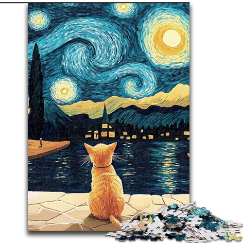 Puzzles für Teenager, 1000-teiliges Puzzle, Van Gogh, Nachthimmel-Katze, Lernspielzeug, Familienspiele, einzigartige Geburtstags- und Geschenkideen (Größe 26x38cm) von MGQWPZDBD