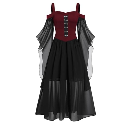 MGSFGlk Halloween Kostüm Damen Gothic Kleid Lang Barock Mittelalter Kleid Elegant Große Größen Renaissance Kleid Renaissance Mittelalter Kostüm Viktorianisches Rokoko Gothic Kleider (B01-Wine, XXXL) von MGSFGlk