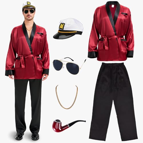Halloween-Kostüm-Set, seidig, rot, für Herren, Kapitän-Outfit mit Hut, Sonnenbrille, Kette, lustig, für Erwachsene, Party, Cosplay, Rot/Ausflug, einfarbig (Getaway Solids), XXL von MGparty