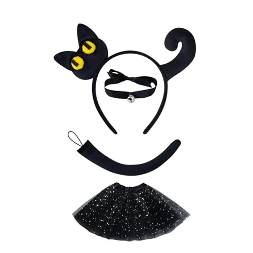 Katzen-Outfit mit Tiermotiv, Kätzchen-Schwanz, Stirnband, Band, Choker, Rock, Gesicht, Aufkleber, Halloween, Tierkostüm für Damen, Mädchen, Cosplay, Party, Kostümzubehör von MHADBKH