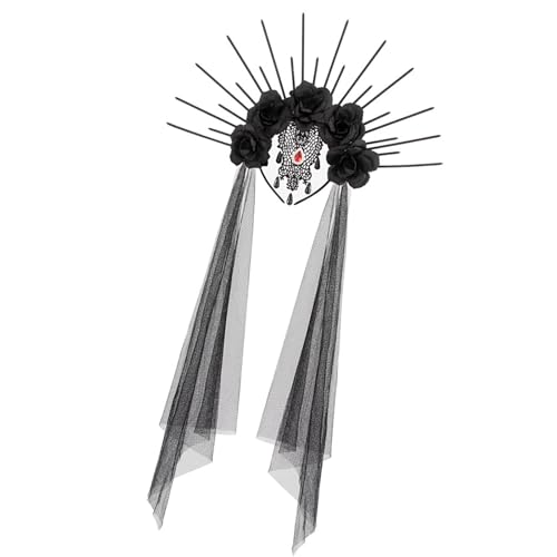 MHADBKH Dark Serie Rose Stirnband Mit Schleier Für Frauen Mädchen Halloween Requisiten Blumenhaarhoop Festival Kostüm Rollenspiel Accessoire von MHADBKH