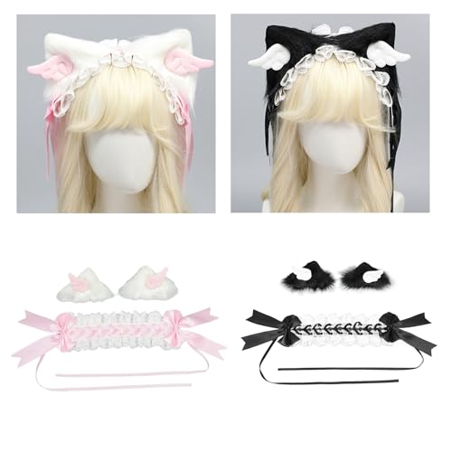 MHADBKH Katzen Ohrflügel Haarclip Anime Stirnband Frauen Spitzenband Haarhoop Cosplay Party Dressing Haarband Für Halloween MHADBKH Katzen Ohrflügel Haarclip Anime Stirnband Frauen Spitzenband Haarhoop Cosplay Party Dressing Haarband Für Halloween von MHADBKH