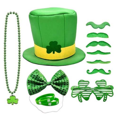 MHADBKH Patricks Day Zylinderhut für Erwachsene, Kleeblatt-Design, mit Armreifen, Perlen, Halskette, Brille, Fliege und Schnurrbart für Cosplay-Auftritte MHADBKH Patricks Day Zylinderhut für Erwachsene, Kleeblatt-Design, mit Armreifen, Perlen, Halskette, Brille, Fliege und Schnurrbart für Cosplay-Auftritte von MHADBKH
