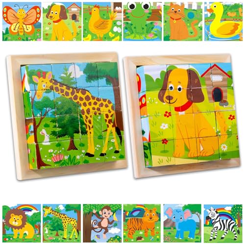 MHDUYEG Würfelpuzzle 2 Stück Würfelpuzzle ab 2 Jahre Bilderwürfel Holz,3D Bilderwürfel Puzzlespiele,Würfelpuzzle Puzzlespiele 6 in 1,Würfelpuzzle Holz für Jungen und Mädchen (Weide, Dschungel) von MHDUYEG