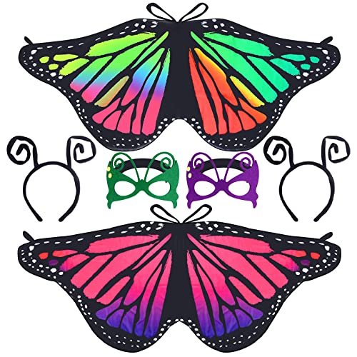 MIAHART 2er-Pack Schmetterlings-Kostüm-Set, Feen-Schmetterlingsflügel, Umhang, Kostüm, Flügel, Schal und Masken für den Weltbuchtag, Cosplay, Party, Halloween, Kostüme, Set (rot, grün) von MIAHART