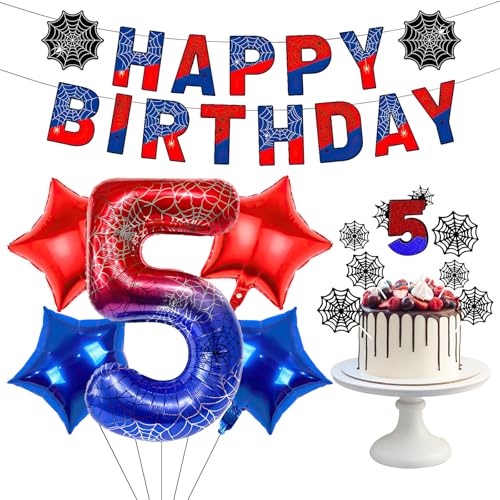 Spinnen-Geburtstagsparty-Dekorationen, Spinnennetz-Happy Birthday-Banner, Zahlen-Folienballons, Cupcake-Topper für Kinder, Jungen, Mädchen, Spinnen-Themenparty-Dekoration, Zubehör (5. Geburtstag) von MIANRUII