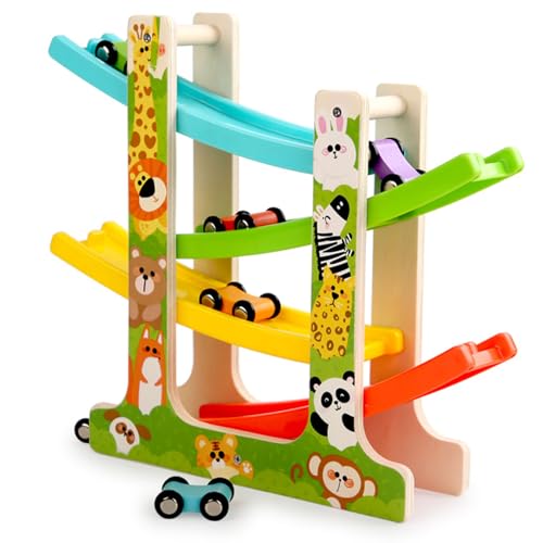 Hölzernes Auto-Rampe-Spielzeug, Interaktives Früh Kindliches Bildungs Spiel Für 1-2 Jahre Alte Kinder Mit 6 Mini-Autos, Geeignet Für Geburtstags Geschenke Für Jungen Und Mädchen-A0 von MICToy