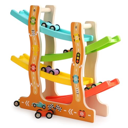 Hölzernes Auto-Rampe-Spielzeug, Interaktives Früh Kindliches Bildungs Spiel Für 1-2 Jahre Alte Kinder Mit 6 Mini-Autos, Geeignet Für Geburtstags Geschenke Für Jungen Und Mädchen-B2 von MICToy