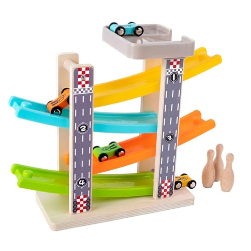 Holz Spielzeug, Auto Rampe Geeignet Für Kinder Im Alter Von 1-3 Trägheit Gleitende Auto Konfiguration 4 Kleinwagen Früh Kindliche Bildung Eltern-Kind Interaktives Spiel, Bowling von MICToy