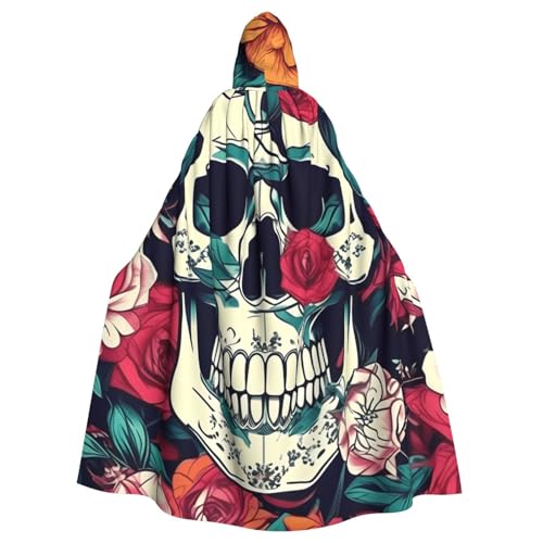 MIEKGPS Blumen Schädel Ornament Druck Kapuzenumhang Halloween Kostüm Lange Robe Umhang Kostüm für Erwachsene Damen Herren von MIEKGPS