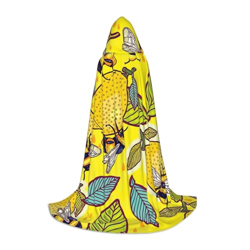MIEKGPS Kapuzenumhang mit gelbem Zitronen- und Bienen-Druck, klein, Halloween-Kostüm, Robe, Umhang, Halloween, Cosplay, Hexe von MIEKGPS