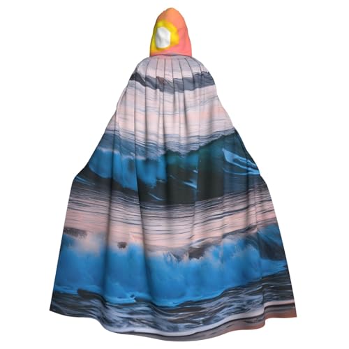 MIEKGPS Sonnenuntergang und Sonnenaufgang mit Ozean Meer Wellen Druck Kapuzenumhang Halloween Kostüm Lange Robe Umhang Kostüm für Erwachsene, Damen und Herren von MIEKGPS