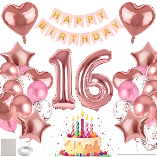 MIEWAA 16 Jahre Geburtstag Deko Luftballons Set Geburtstagsdeko mit 16th HAPPY BIRTHDAY Banner Latexballons Konfetti Ballons Folienballons Partydeko für Mädchen Teenager Roségold Rosa von MIEWAA