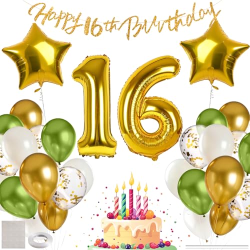 MIEWAA 16 Jahre Geburtstag Deko Luftballons Set Geburtstagsdeko mit 16th HAPPY BIRTHDAY Banner Latexballons Konfetti Ballons Folienballons Partydeko für Mädchen Junge Teenager Grün-Gold-Weiß MIEWAA 16 Jahre Geburtstag Deko Luftballons Set Geburtstagsdeko mit 16th HAPPY BIRTHDAY Banner Latexballons Konfetti Ballons Folienballons Partydeko für Mädchen Junge Teenager Grün-Gold-Weiß von MIEWAA