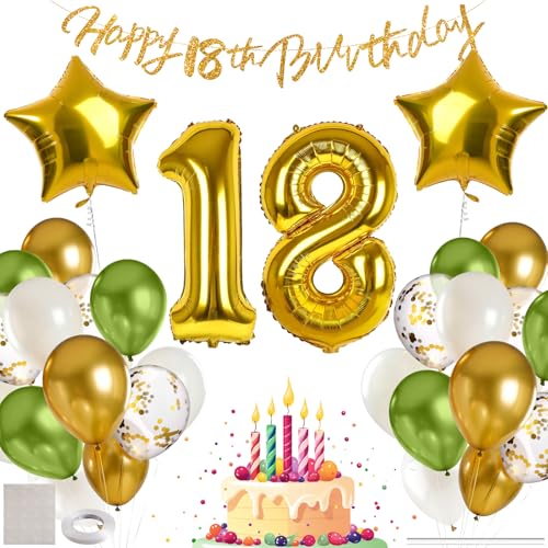 MIEWAA 18 Jahre Geburtstag Deko Luftballons Set Geburtstagsdeko mit 18th HAPPY BIRTHDAY Banner Latexballons Konfetti Ballons Folienballons Partydeko für Mädchen Junge Teenager Grün-Gold-Weiß von MIEWAA