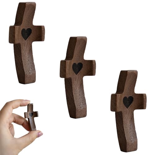 MIGAKU HOME Handgefertigtes Holzkreuz mit Taschenkreuz, Mein Herz, religiöses Geschenk für Stressabbau, christliche Taufe, Greifen und Beten (3 Stück) von MIGAKU HOME