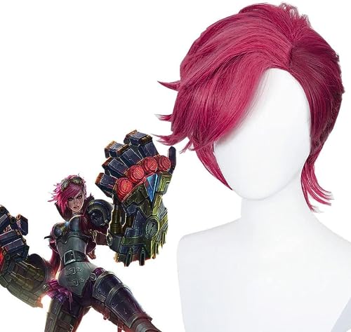 Anime Arcane Vi Cosplay Perücke, The Piltover Enforcer Perücke, Tiefe Rose Farbe Kurze Frau Und Mann Perücken, Für Halloween, Party, Karneval, Mit Perücke Cap von MIGUOO