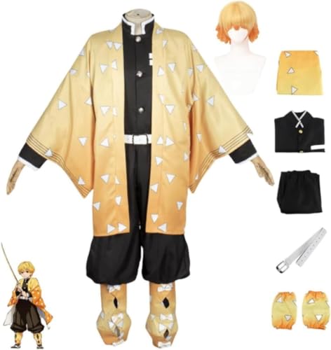 MIGUOO Anime Demon Slayer Agatsuma Zenitsu Cosplay Outfit Halloween Party Kimono Uniform Volles Set mit Perücke (Full Set,XL) von MIGUOO