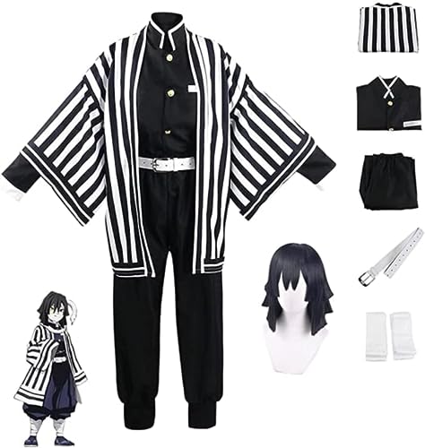 MIGUOO Anime Demon Slayer Cosplay Kostüm Für Iguro Obanai Outfit Halloween Party Kimono Streifen Uniform Mit Perücke (Obanai,M) von MIGUOO