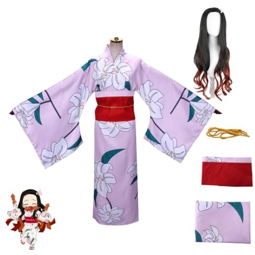 MIGUOO Anime Demon Slayer Cosplay Kostüm für Kamado Nezuko Halloween Outfit Party Kimono Uniform Volles Set mit Perücke (Full Set,M) von MIGUOO
