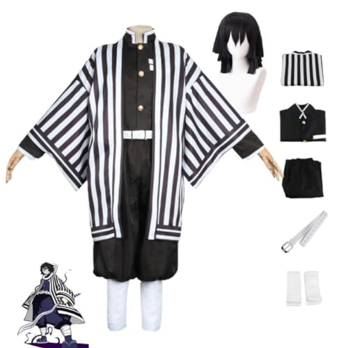 MIGUOO Anime Demon Slayer Iguro Obanai Cosplay Outfit Halloween Party Kimono Streifen Uniform Volles Set Mit Perücke (Full Set,L) von MIGUOO