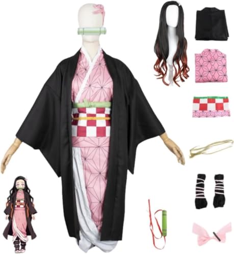MIGUOO Anime Demon Slayer Kamado Nezuko Cosplay Outfit Halloween Party Kimono Uniform Volles Set Mit Perücke (Full Set,XS) von MIGUOO