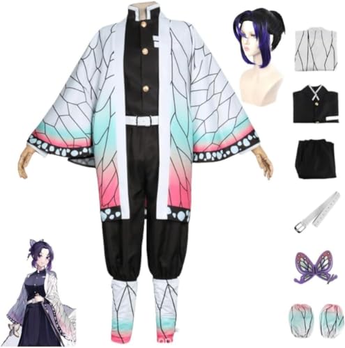 MIGUOO Anime Demon Slayer Kochou Shinobu Cosplay Outfit Halloween Party Kimono Uniform Volles Set mit Perücke (Full Set,XL) von MIGUOO