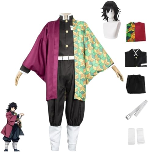 MIGUOO Anime Demon Slayer Tomioka Giyuu Cosplay Outfit Halloween Party Kimono Uniform Volles Set mit Perücke (Full Set,XXL) von MIGUOO