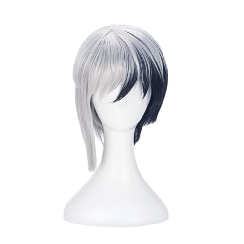 MIGUOO Anime Dr. STONE Cosplay Perücke, Asagiri Gen Schwarz Weiß Kurzes Haar, Rollenspiel Halloween Requisiten Zubehör+Perücke Cap von MIGUOO