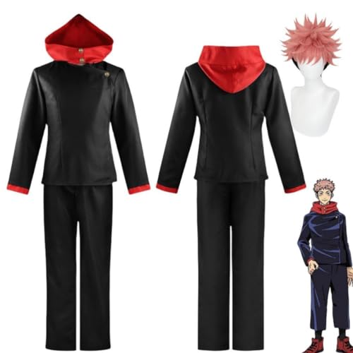 MIGUOO Anime Jujutsu Kaisen Itadori Yuji Cosplay Outfit Halloween Party Uniform Kostüm mit Perücke (Black,M) von MIGUOO