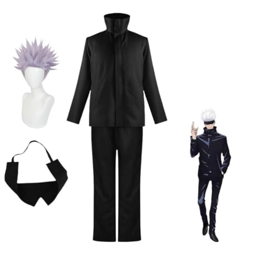 MIGUOO Anime Jujutsu Kaisen Satoru Gojo Cosplay Outfit Halloween Party Uniform Kostüm Mit Perücke (Black,XXL) von MIGUOO