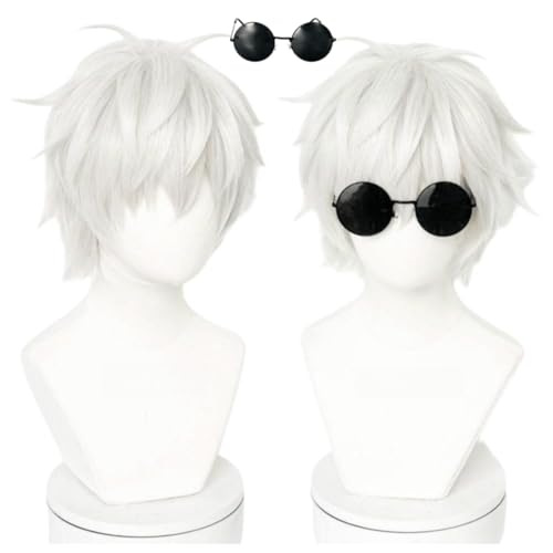 MIGUOO Anime Jujutsu Kaisen Satoru Gojo Cosplay Perücke, Silber Weiß Kurzhaar Perücken, Für Halloween Kostüm Party Auf Brille Perücke Cap von MIGUOO