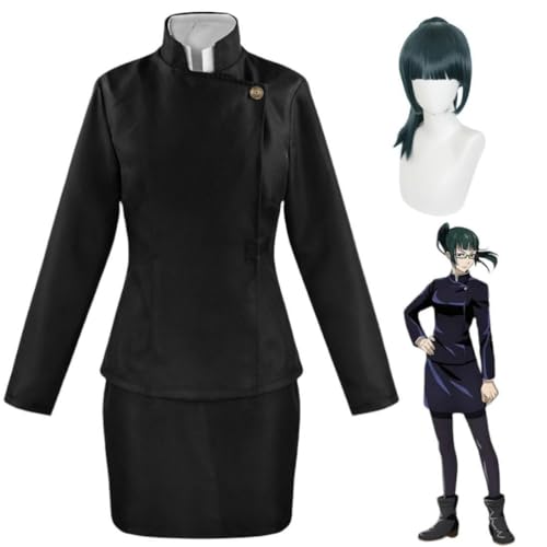 MIGUOO Anime Jujutsu Kaisen Zenin Maki Cosplay Outfit Halloween Party Uniform Kostüm mit Perücke (Black,L) von MIGUOO