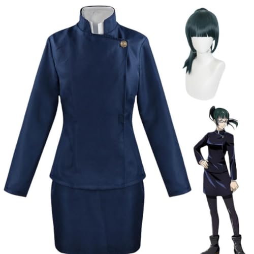 MIGUOO Anime Jujutsu Kaisen Zenin Maki Cosplay Outfit Halloween Party Uniform Kostüm mit Perücke (Blue,XL) von MIGUOO