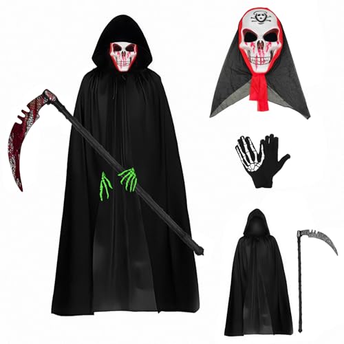 MIHURO Sensenmann-Kostüm für Kinder, leuchtet im Dunkeln, Halloween-Kostüme für Kinder, gruseliges Outfit, 160 cm Robe + Maske + leuchtende Handschuhe + Sensen-Outfits für Halloween, Karneval MIHURO Sensenmann-Kostüm für Kinder, leuchtet im Dunkeln, Halloween-Kostüme für Kinder, gruseliges Outfit, 160 cm Robe + Maske + leuchtende Handschuhe + Sensen-Outfits für Halloween, Karneval von MIHURO
