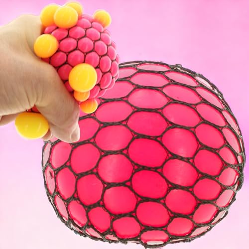Bunter Antistressball im Netz – Quetschball Spielzeug, Sensorik, Stressabbau für Groß & Klein, Büro & Schule - 7cm (Pink-Gelb) von MIJOMA